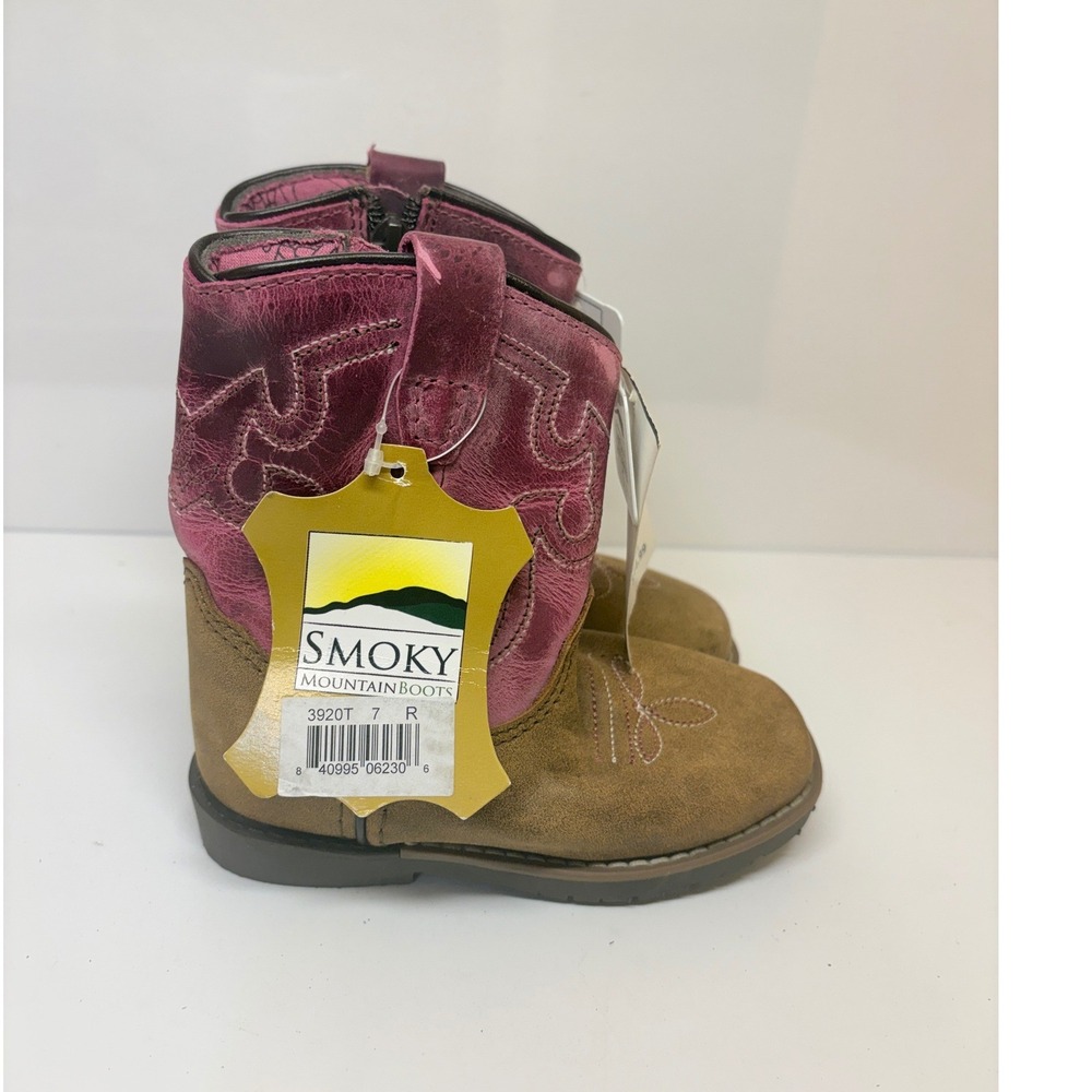 Smoky Mountain Boots Toddler Girls 7R Pink Brown Leather Square Toe Side Zip